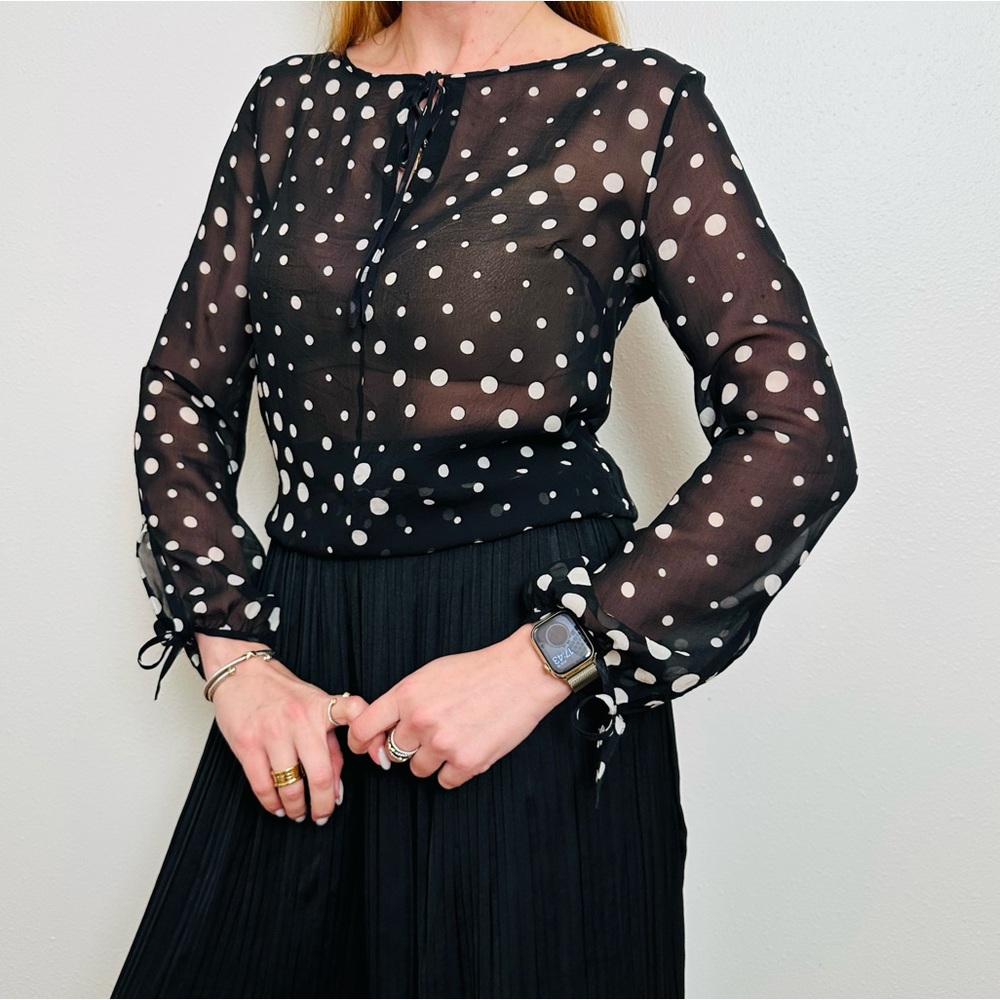 Vintage Express 100% Silk Polka Dot Sheer Blouse Tie Front Black & White Size M